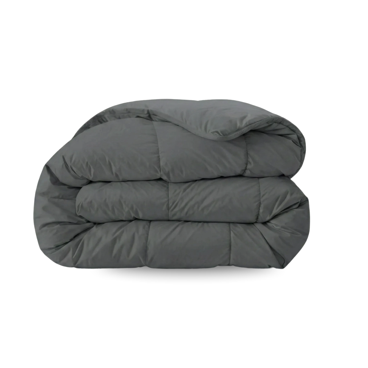 Das Zelesta Wonderbed - Stone Grey ist eine dunkelgraue, gefaltete Bettdecke mit Steppmuster, die auf einem einfarbig weißen Hintergrund abgebildet ist.