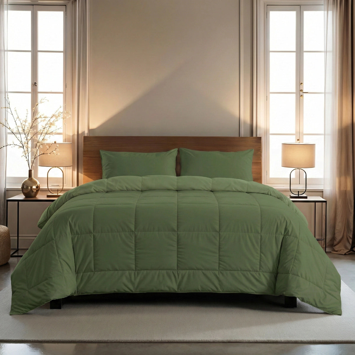 Ein sauber verarbeitetes Zelesta Wonderbed 4 Seasons Double - Timeless Green mit passender grüner Bettdecke und Kissen befindet sich in der Mitte zwischen Fenstern mit beigen Vorhängen - ideal für Komfort und Stil zu jeder Jahreszeit.