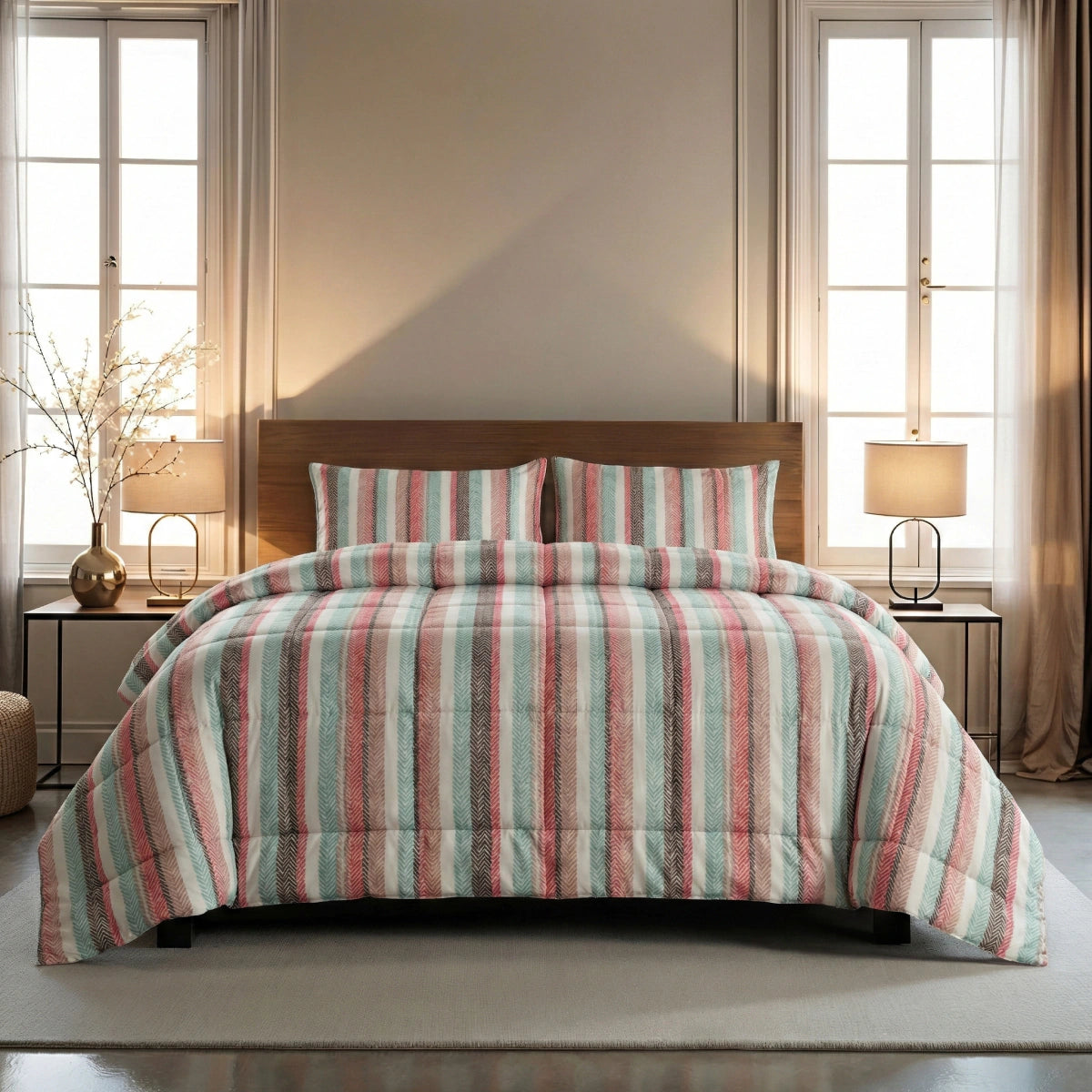 Zwischen den Fenstern steht ein Zelesta Wonderbed 4 Seasons Double - Vintage Vibe, das mit einer gestreiften Bettdecke und zwei Kissen ausgestattet ist. Passende Nachttische mit Lampen und Dekoration vervollständigen das sanft beleuchtete Schlafzimmer.