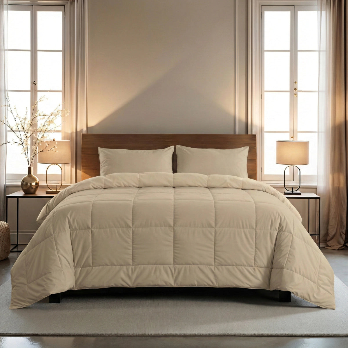 Ein Zelesta Wonderbed 4 Seasons Double in Warm Sand, hübsch gemacht mit einer beigen Bettdecke und zwei Kissen, sitzt in der Mitte zwischen zwei Fenstern, flankiert von passenden Nachttischen und Lampen auf jeder Seite.