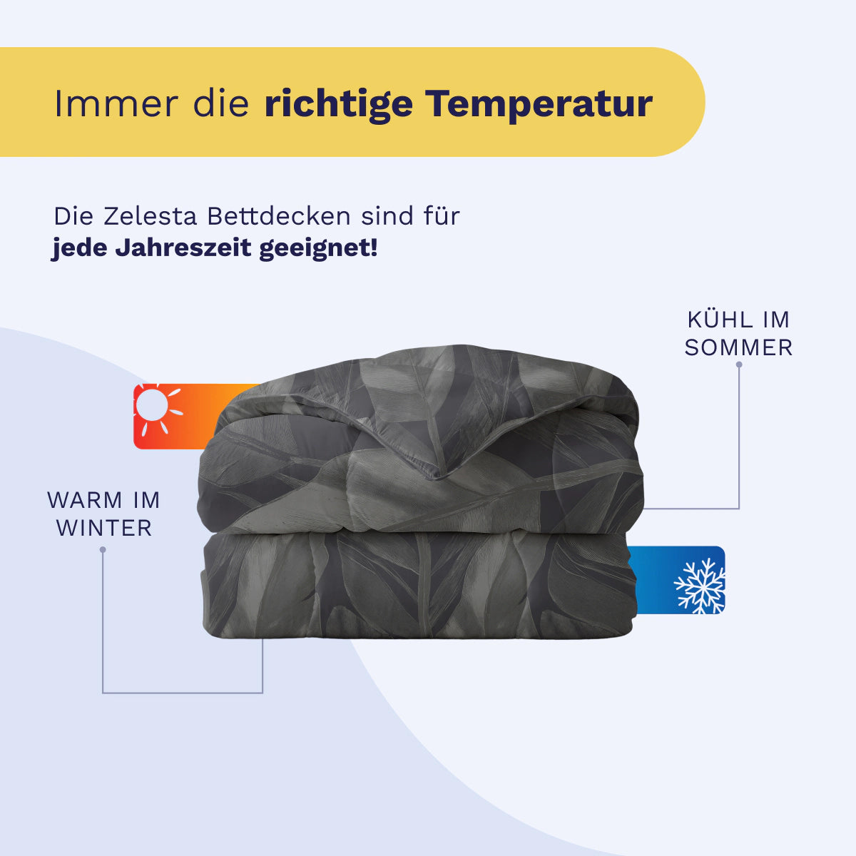 Eine gefaltete Royalbed Baumwolle - Black Swan Bettdecke erscheint mit Symbolen für Winterwärme und Sommerkühle. Der deutsche Text beschreibt diese temperaturregulierende Bettdecke als ideal für alle Jahreszeiten.