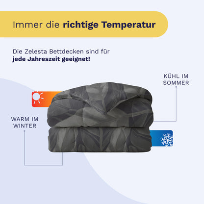 Eine gefaltete Royalbed Baumwolle - Black Swan Bettdecke erscheint mit Symbolen für Winterwärme und Sommerkühle. Der deutsche Text beschreibt diese temperaturregulierende Bettdecke als ideal für alle Jahreszeiten.