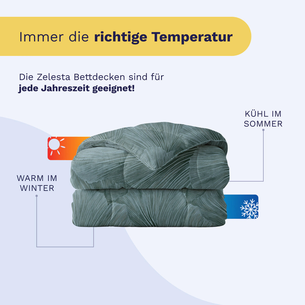 Eine gefaltete Royalbed Baumwolle - Botanical Green Bettdecke mit Text, dass sie im Winter wärmt und im Sommer kühlt - die ideale temperaturregulierende Decke für das ganze Jahr.