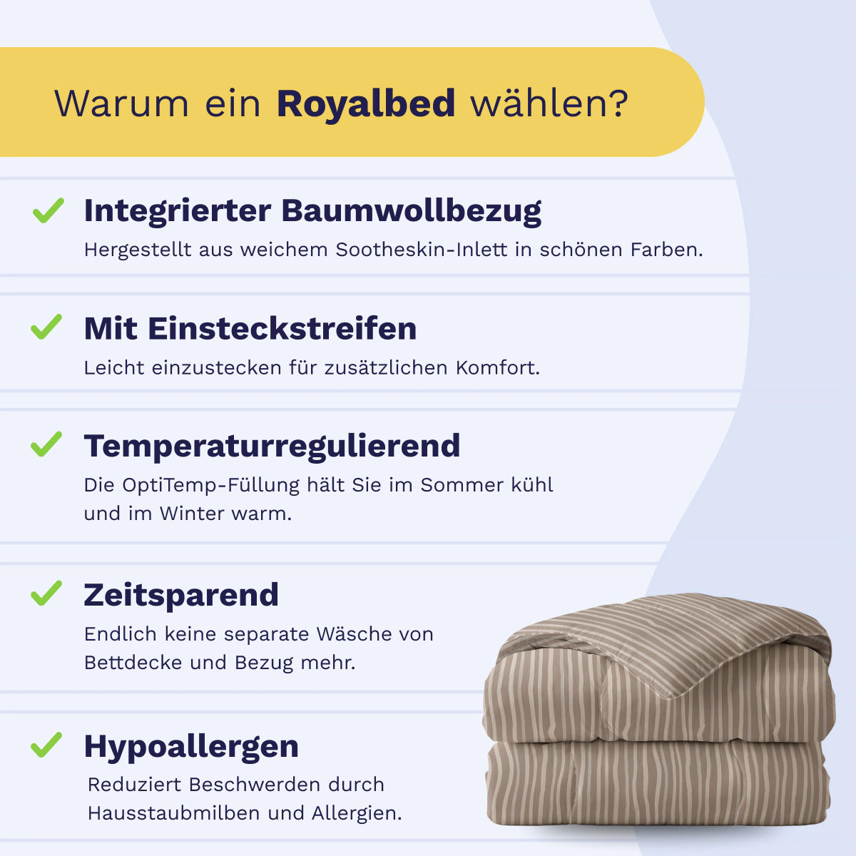 Informationsgrafik mit fünf Vorteilen des Royalbed Baumwolle - Brown Stripes, allergikergeeignet, aus Baumwolle, mit einer beige-gestreiften Bettdecke unten rechts abgebildet.