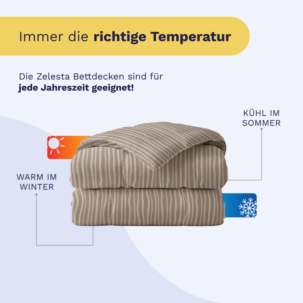 Folded Royalbed Baumwolle - Brown Stripes Bettdecke mit Sonnen- und Schneeflockensymbolen, die zeigen, dass sie perfekt für alle Jahreszeiten ist - warm im Winter, kühl im Sommer. Text: Allergikergeeignete Baumwoll-Bettdecke.