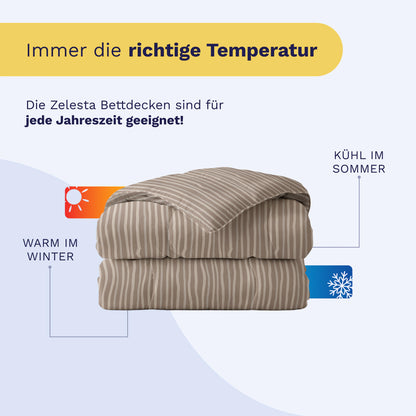 Folded Royalbed Baumwolle - Brown Stripes Bettdecke mit Sonnen- und Schneeflockensymbolen, die zeigen, dass sie perfekt für alle Jahreszeiten ist - warm im Winter, kühl im Sommer. Text: Allergikergeeignete Baumwoll-Bettdecke.