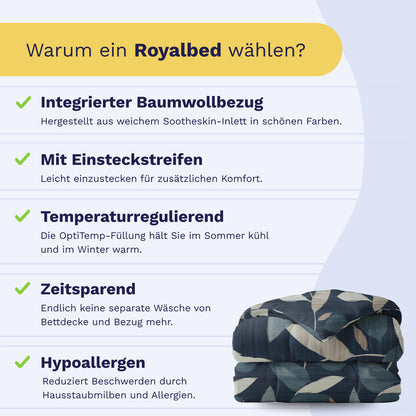Infografik mit fünf Vorteilen des Royalbed Baumwolle - Dark Leaves: Bettbezug aus Baumwolle, Einlegestreifen, Temperaturregulierung, zeitsparender Komfort und Eignung für Allergiker. Die gemusterte Decke ist am unteren Rand abgebildet.