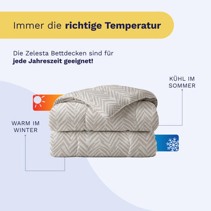 Eine gefaltete, gemusterte Royalbed Baumwolle - Ethnic Cream Decke wird mit Icons präsentiert: Sie wärmt im Winter und kühlt im Sommer. Der Text hebt ihre Eignung als Ganzjahresdecke hervor.
