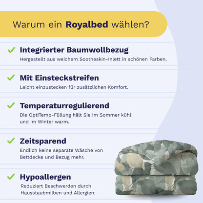 Infografik zu den Vorteilen der Royalbed Baumwolle - Green Forest Bettdecke: Baumwollbezug, Einsteckstreifen, temperaturregulierend, zeitsparend, hypoallergen; rechts unten gefaltetes Bett mit Muster.