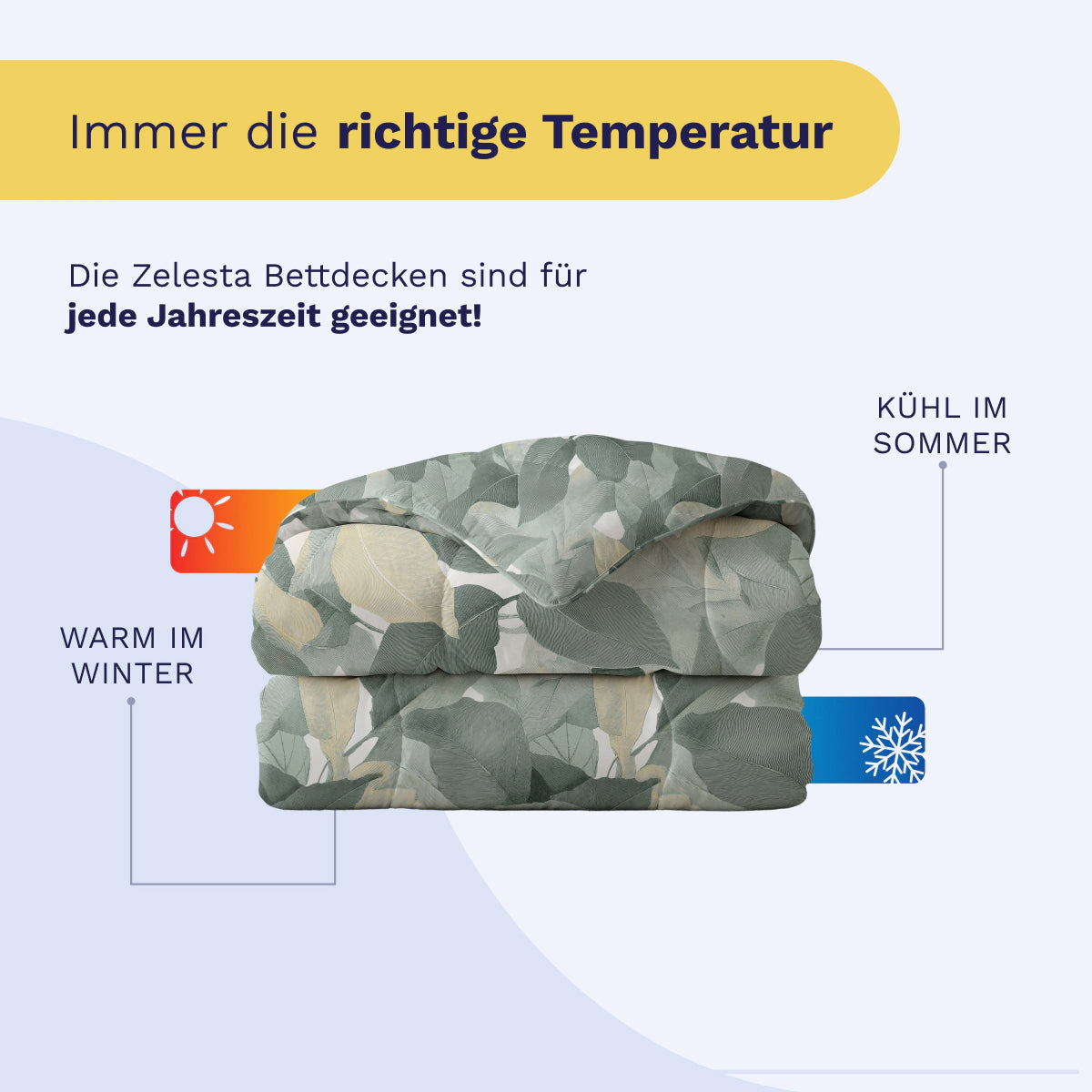 Eine gefaltete Royalbed Baumwolle - Green Forest Bettdecke mit Blattmuster und Symbolen für Wärme im Winter und Kühle im Sommer; Text hebt diese temperaturregulierende Bettdecke als ideal für alle Jahreszeiten hervor.