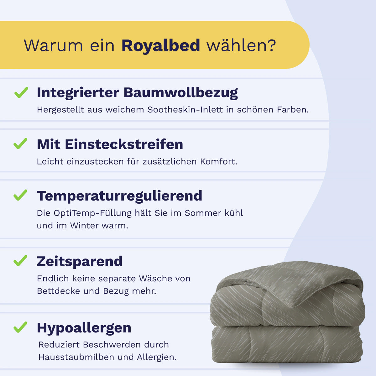 Infografik mit fünf Vorteilen der Royalbed Baumwolle - Mellow Stone Bettdecke in Listenform, z. B. allergikerfreundlich und temperaturregulierend. Rechts unten ist die gefaltete Bettdecke abgebildet.
