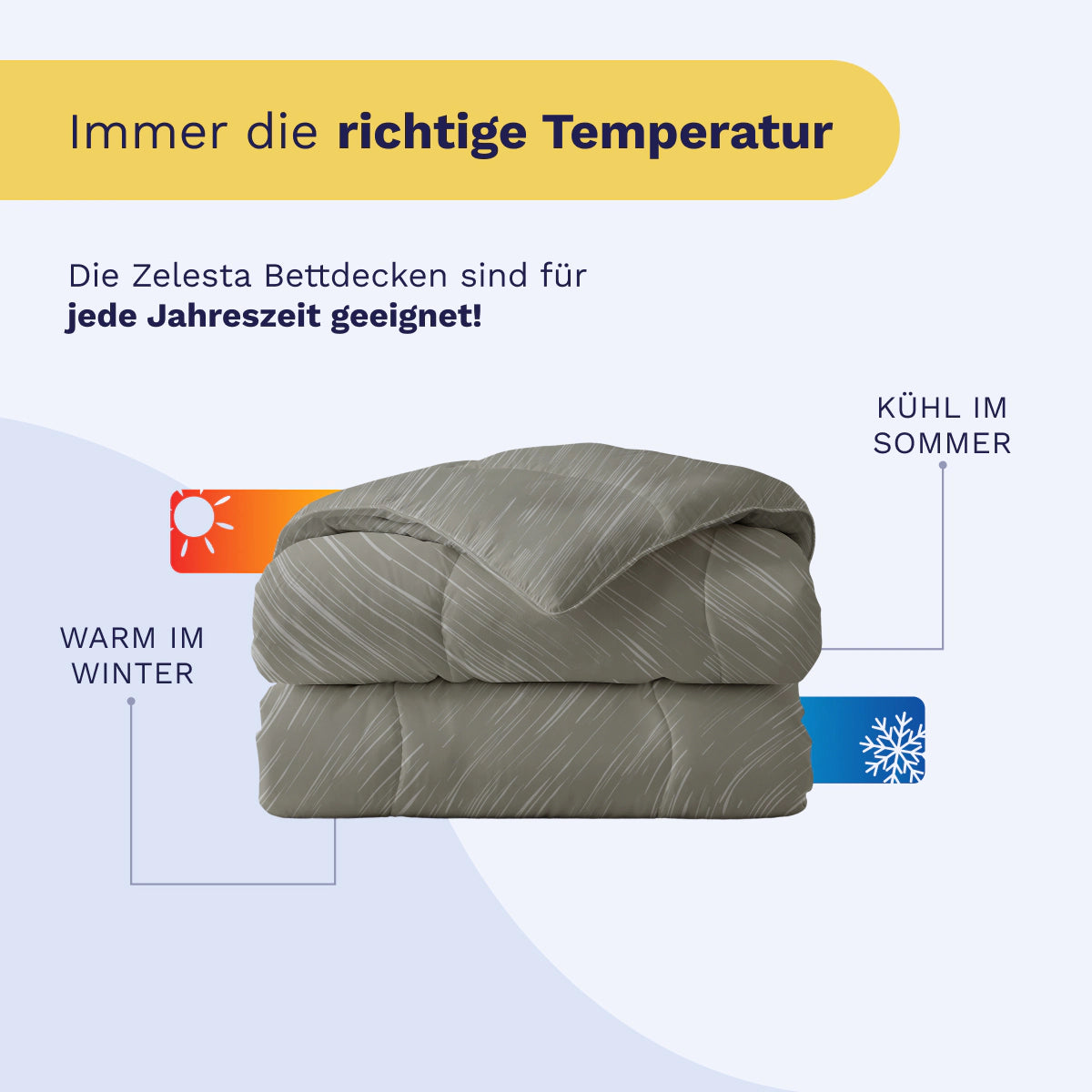 Eine gefaltete graue Bettdecke, das Royalbed Baumwolle - Mellow Stone, wird mit Etiketten gezeigt, die auf die Temperaturregulierung hinweisen - kühl im Sommer und warm im Winter - sowie mit einem deutschen Text, der besagt, dass sie allergikerfreundlich und ganzjährig geeignet ist.