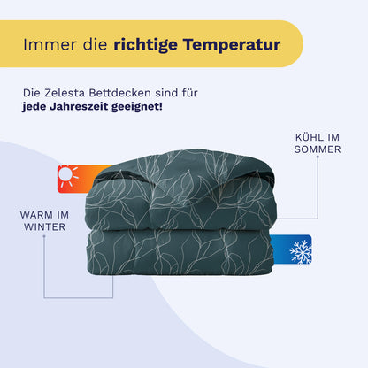 Die Royalbed Baumwolle - White Leaves Bettdecke ist gefaltet abgebildet, mit Icons für kühlen Sommer- und warmen Wintergebrauch, beschriftet für jede Jahreszeit geeignet - ideal als allergikerfreundliche Bettdecke.